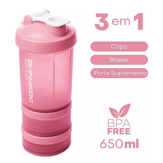 Garrafa Shaker 3 em 1 de Plástico Performance Rosa 650ml Lyor