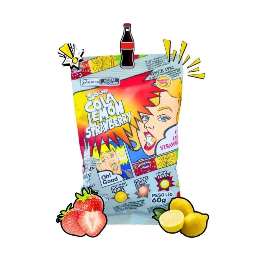 Bala Azeda Sour Strawberry Cola Limão 60g Happy Time
