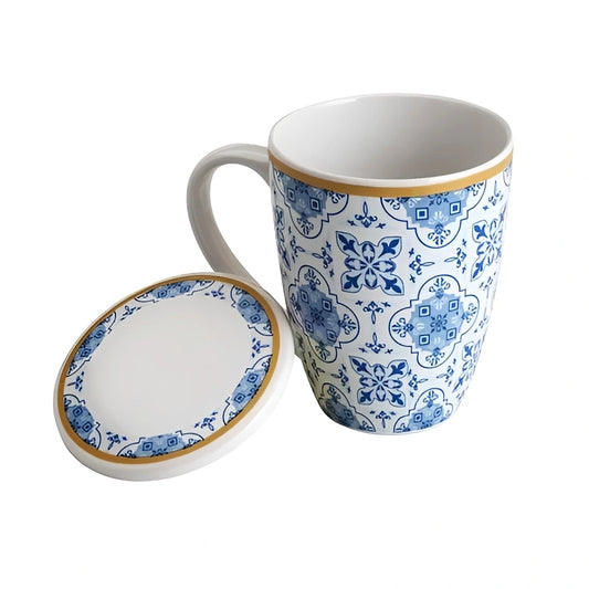 Caneca de Porcelana com Tampa e Filtro Super White Azul/branca Lisboa 310ml