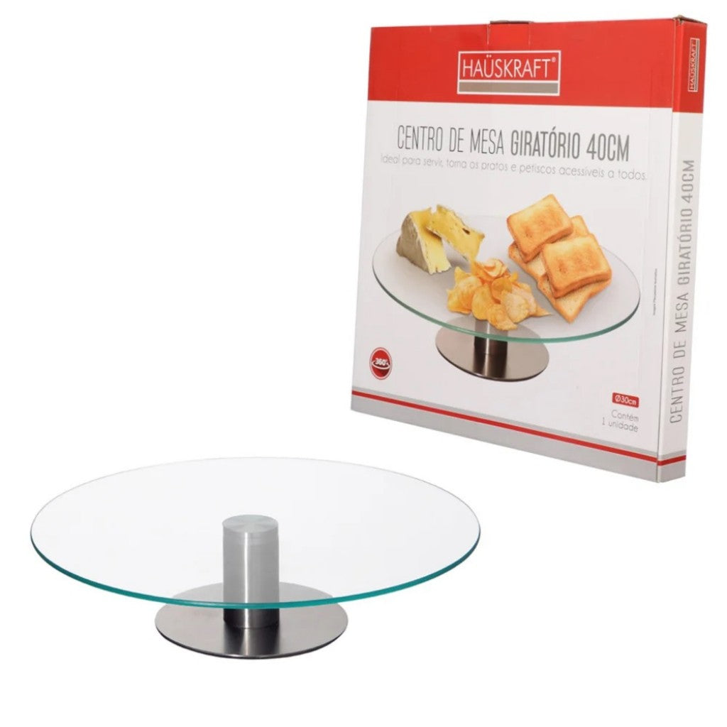 Centro de Mesa de Vidro Giratório com Suporte em Inox 40cm Hauskraft