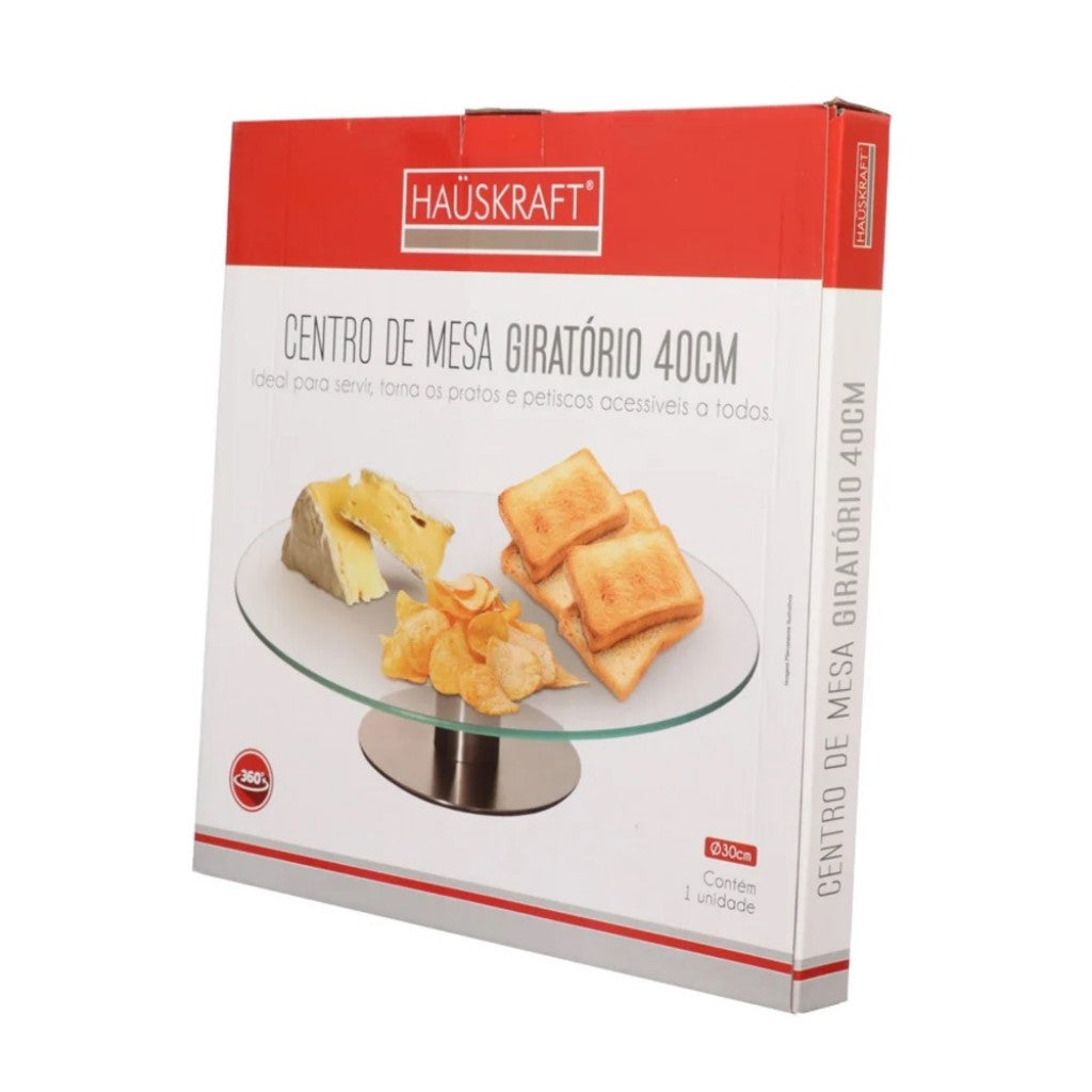 Centro de Mesa de Vidro Giratório com Suporte em Inox 40cm Hauskraft