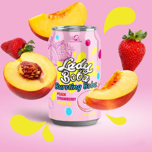Chá Preto Sabor Pêssego e Morango com Bolinha de Tapioca Bubble Tea 320ml Madam Hong