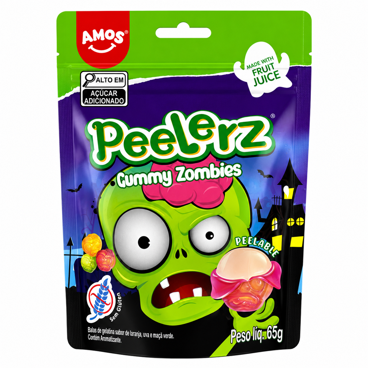 Bala de Gelatina Gummy Zombies Amos Peelerz 65g Laranja Uva e Maçã Verde
