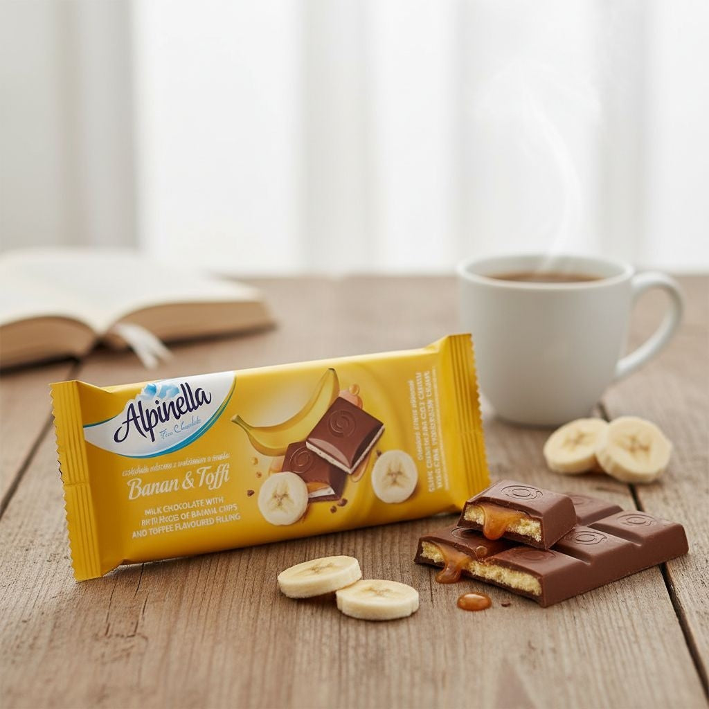 Chocolate ao Leite com Recheio de Banana e Caramelo 100g Alpinella Validade: 30/05/2026