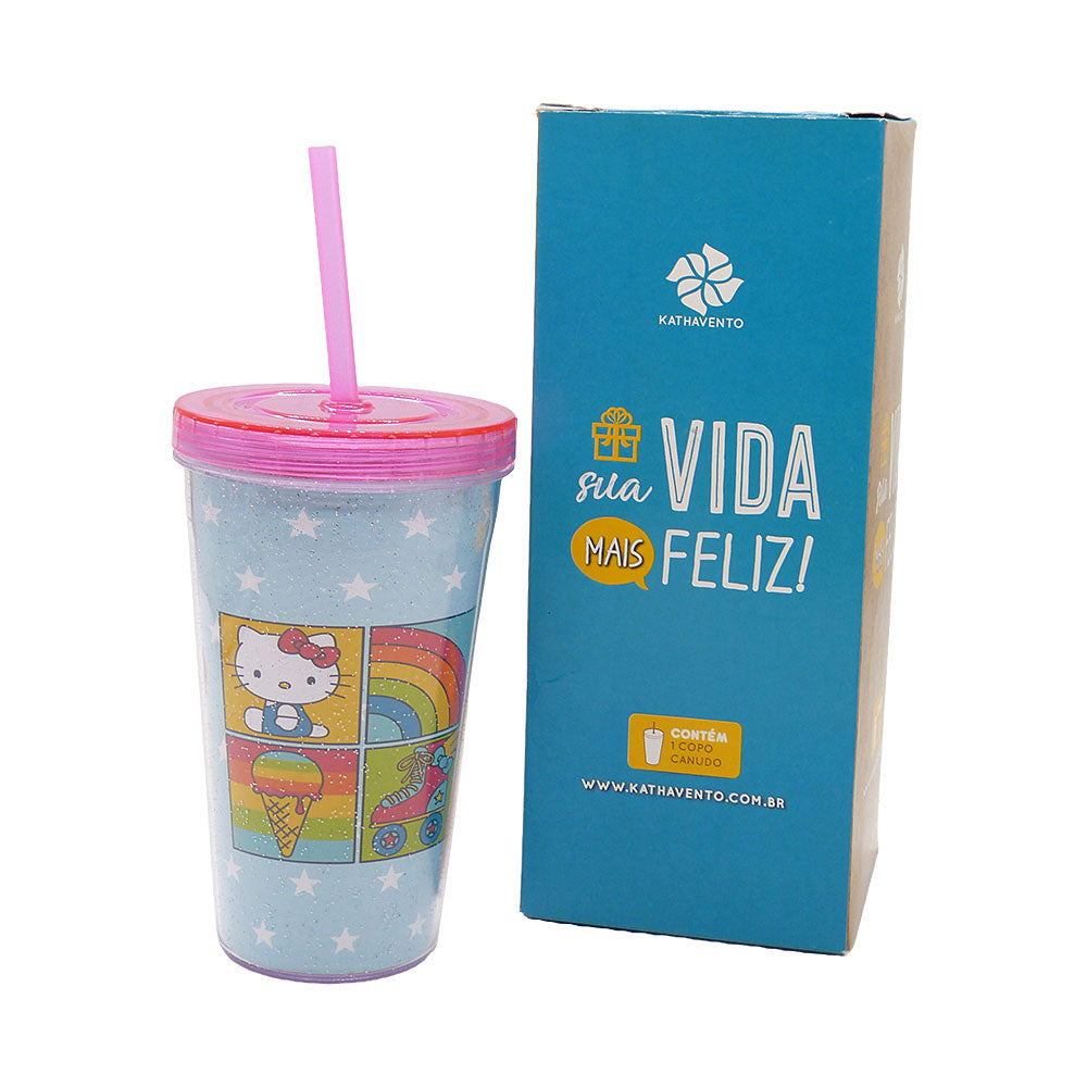 Copo Hello Kitty Happy Glitter com Canudo 470ml