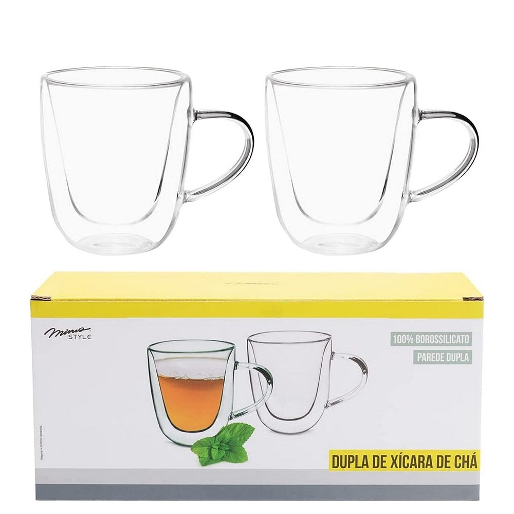 Jogo com 2 Xicaras de Cha de Parede Dupla em Vidro Borossilicato 200ml