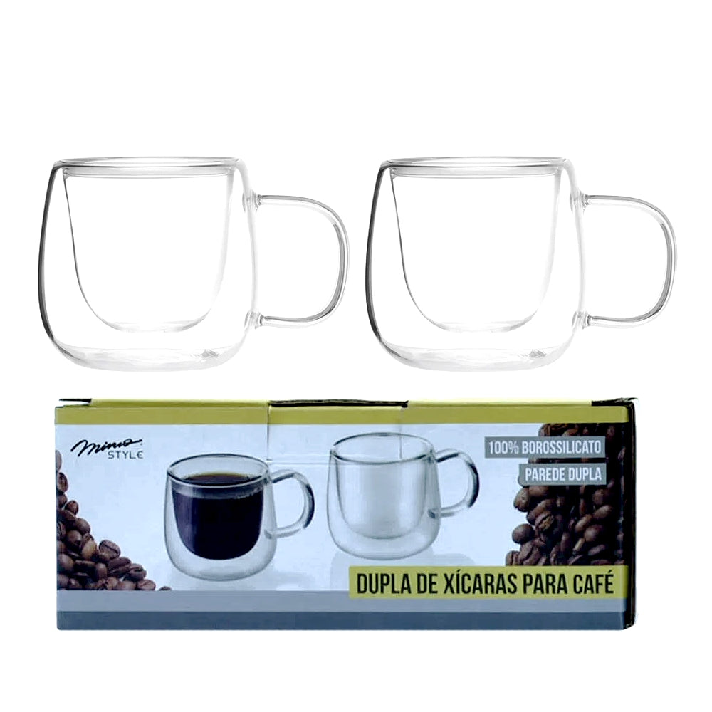 JOGO 2 XICARAS P/ CAFE PAREDE DUPLA EM VIDRO BOROSSILICATO 80ML MIMO STYLE