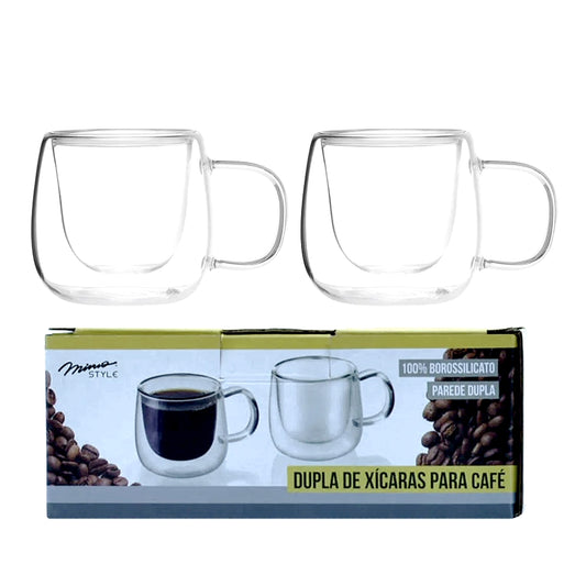 JOGO 2 XICARAS P/ CAFE PAREDE DUPLA EM VIDRO BOROSSILICATO 80ML MIMO STYLE