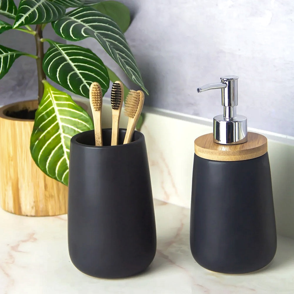 JOGO DE BANHEIRO BAMBU CERAMICA PRETO 2PCS MIMO STYLE