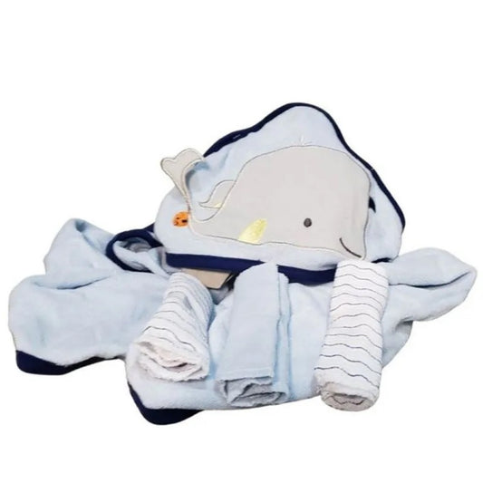 Kit Toalha com Capuz e Toalha de Boca Baleia Azul Camesa