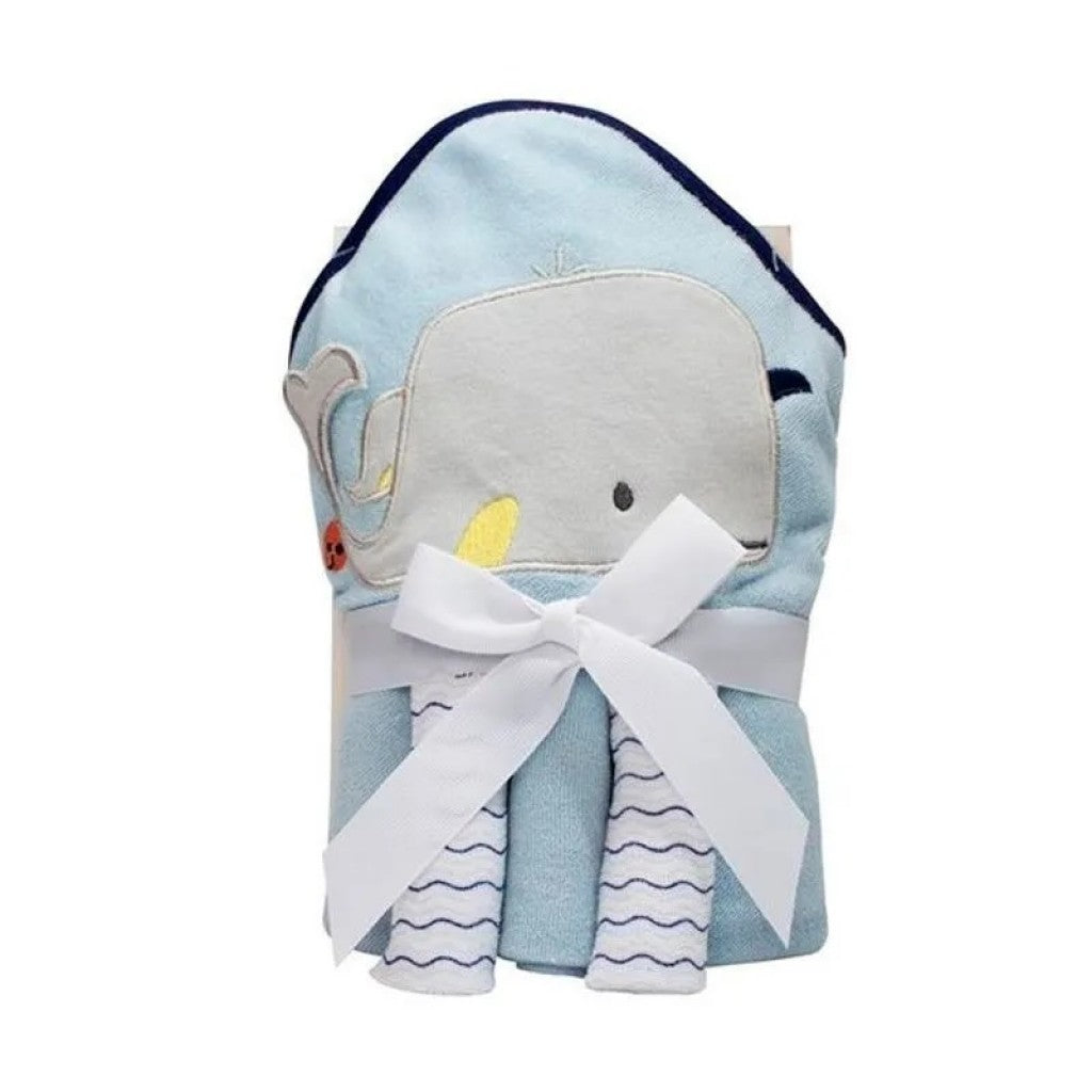 Kit Toalha com Capuz e Toalha de Boca Baleia Azul Camesa