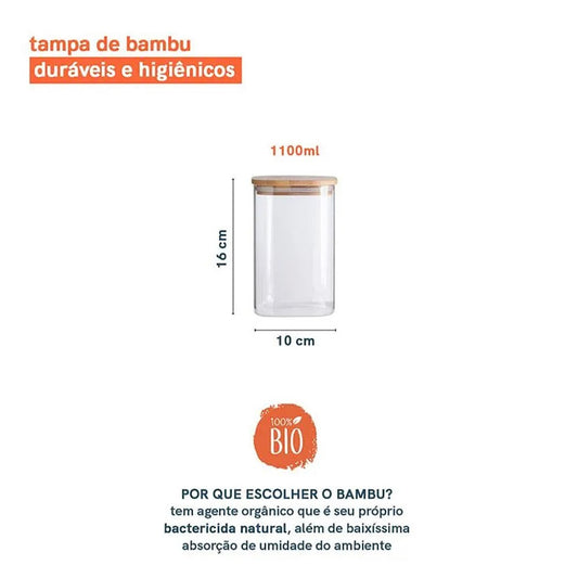Pote de Vidro Flat com Tampa de Bambu Quadrado Natural 1,1L Oikos