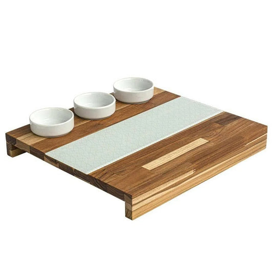 TABUA TECA DE SERVIR C/ VIDRO BRANCO + 3 POTES PORCELANA STOLF