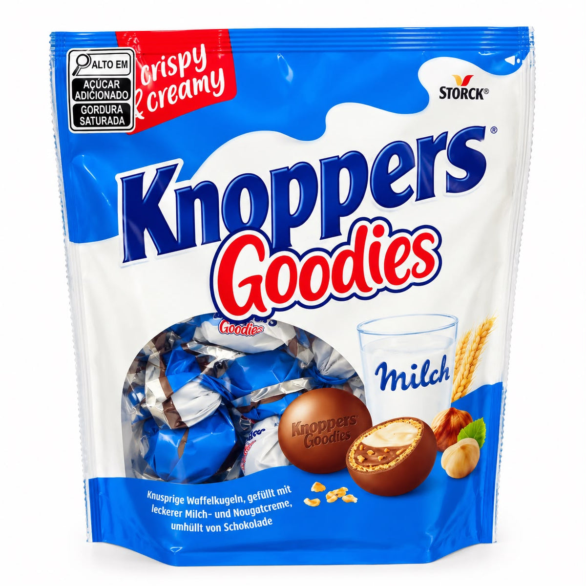BOLINHAS CROCANTES DE WAFER RECHEADAS COM CREME DE LEITE, CREME DE AVELA E COBERTURA COM CHOCOLATE AO LEITE 180G KNOPPERS GOODIES