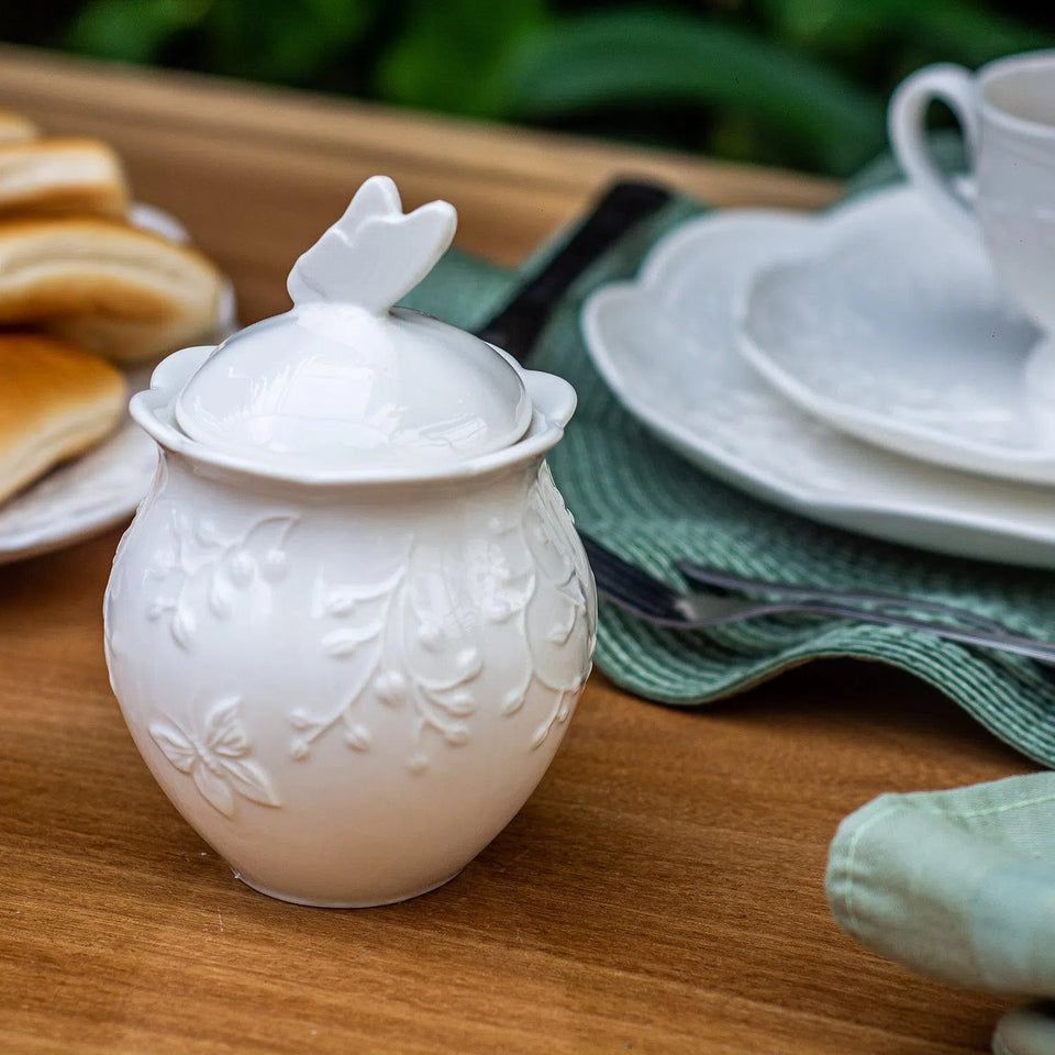 Açucareiro De Porcelana New Bone Butterfly Flower 9,5x9,5x13,5cm Lyor