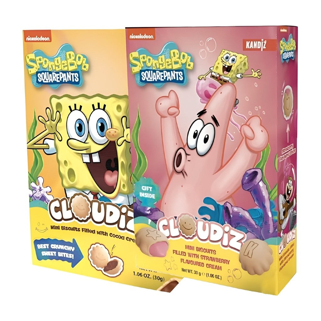 Biscoitos Recheados com Creme de Cacau/Creme de Morango Bob Esponja 30g Cloudiz