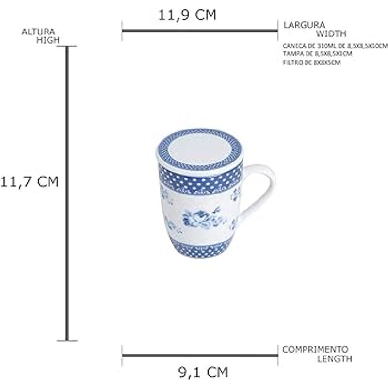 Caneca de Porcelana com Tampa e Filtro Super White Azul e Branco Elsa 310ml