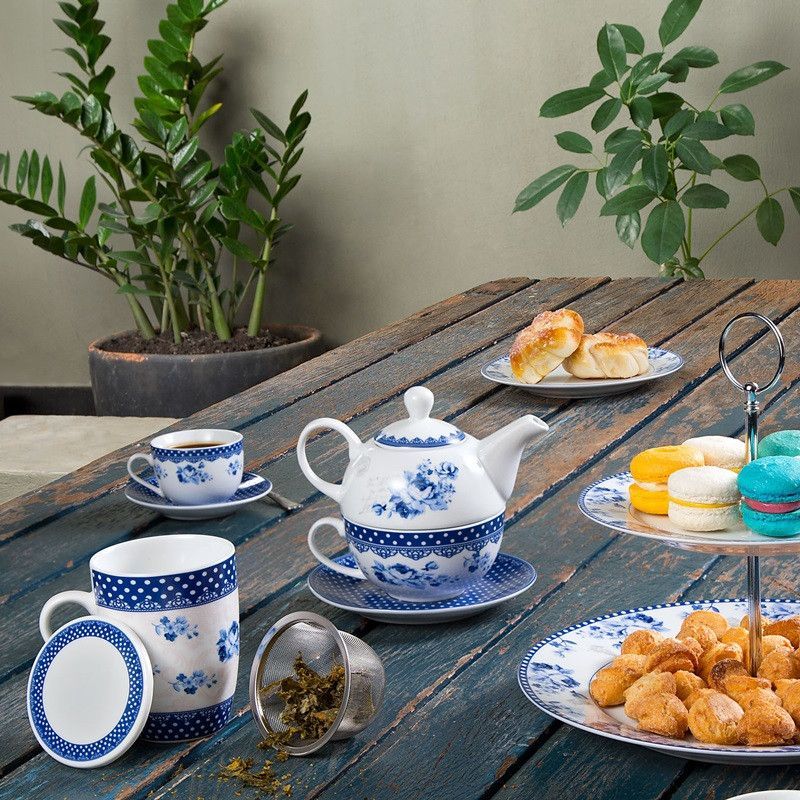 Caneca de Porcelana com Tampa e Filtro Super White Azul e Branco Elsa 310ml