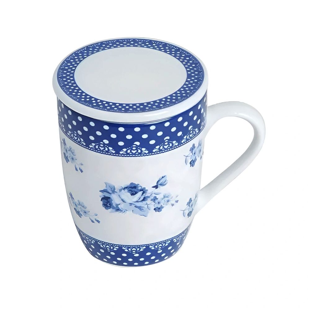 Caneca de Porcelana com Tampa e Filtro Super White Azul e Branco Elsa 310ml