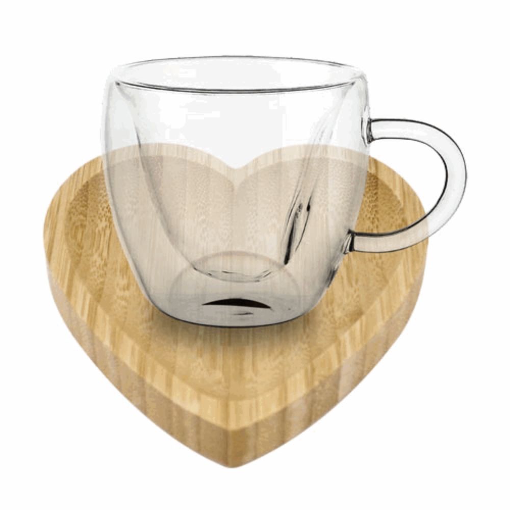 Conjunto com 2 Xícaras de Coraçao e 2 Pires de Bambu