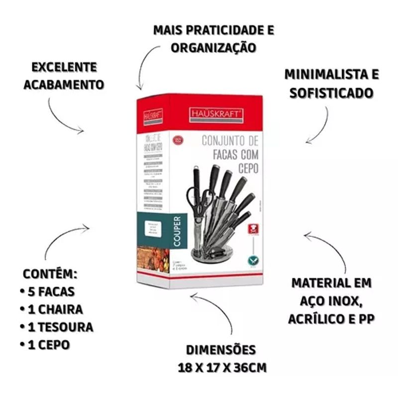 Conjunto de Facas com Cepo Preto Couper 8 Peças