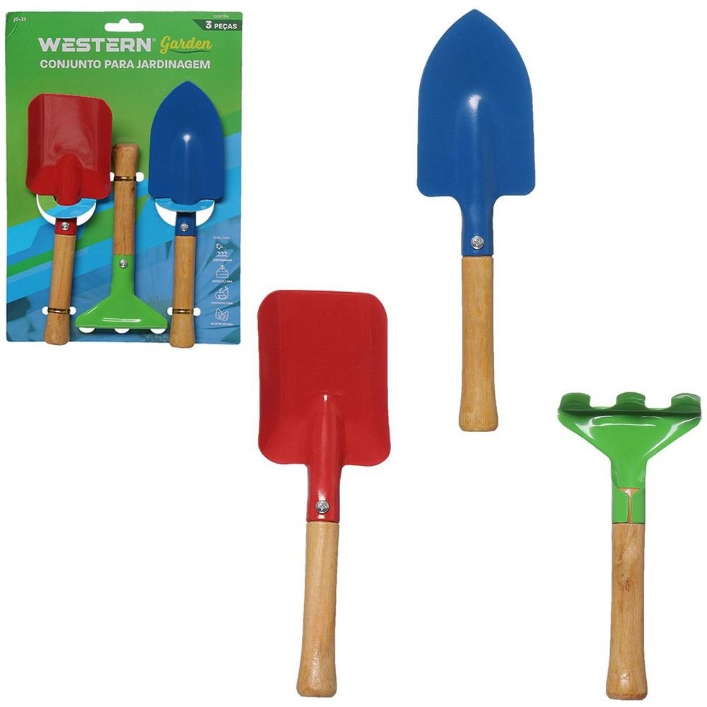 Kit de Jardinagem com Pá Quadrada, Pá Redonda e Ancinho