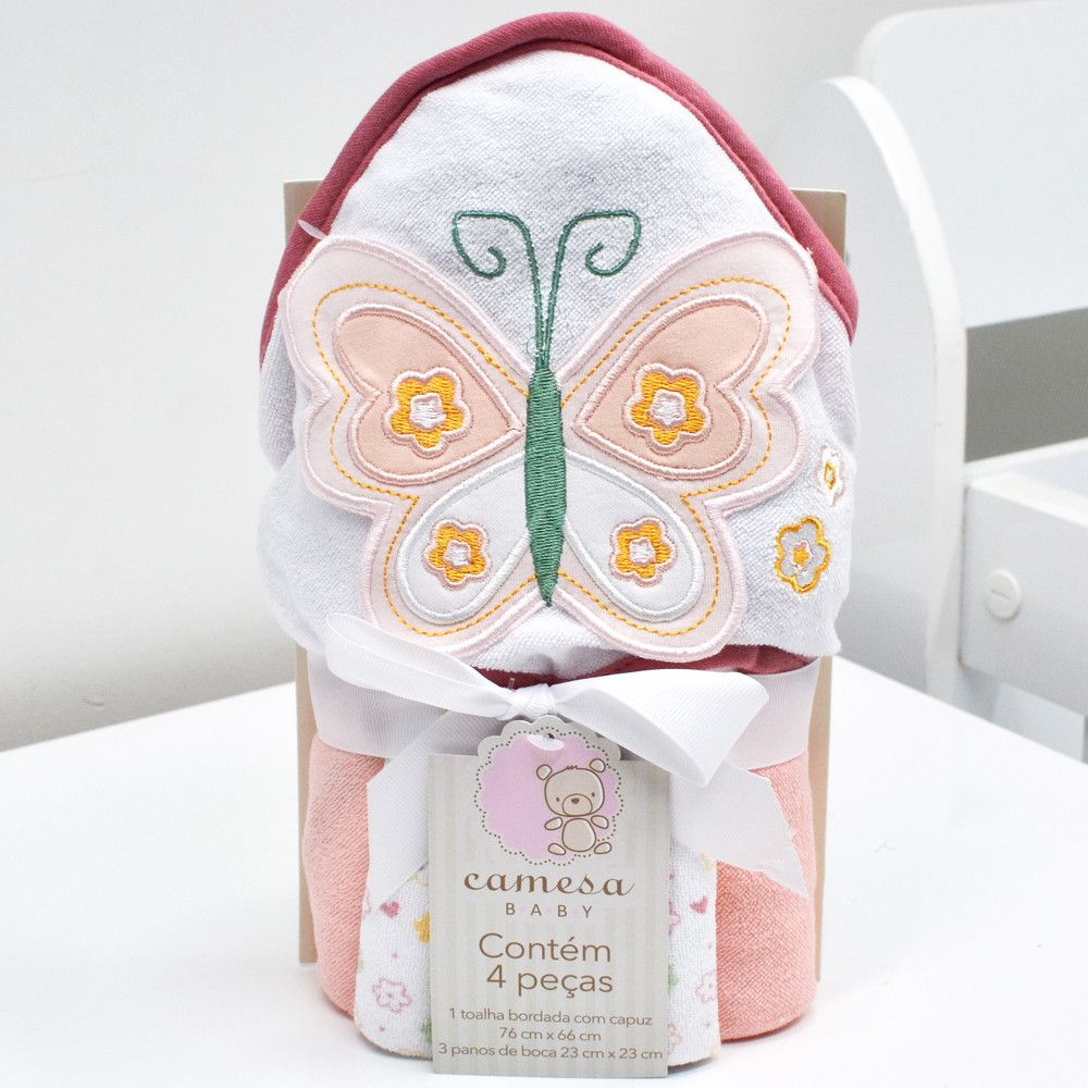 Kit Toalha com Capuz 66x76cm e Toalha de Boca 23x23cm Borboleta Rosa