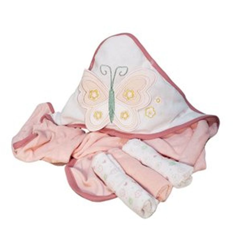 Kit Toalha com Capuz 66x76cm e Toalha de Boca 23x23cm Borboleta Rosa