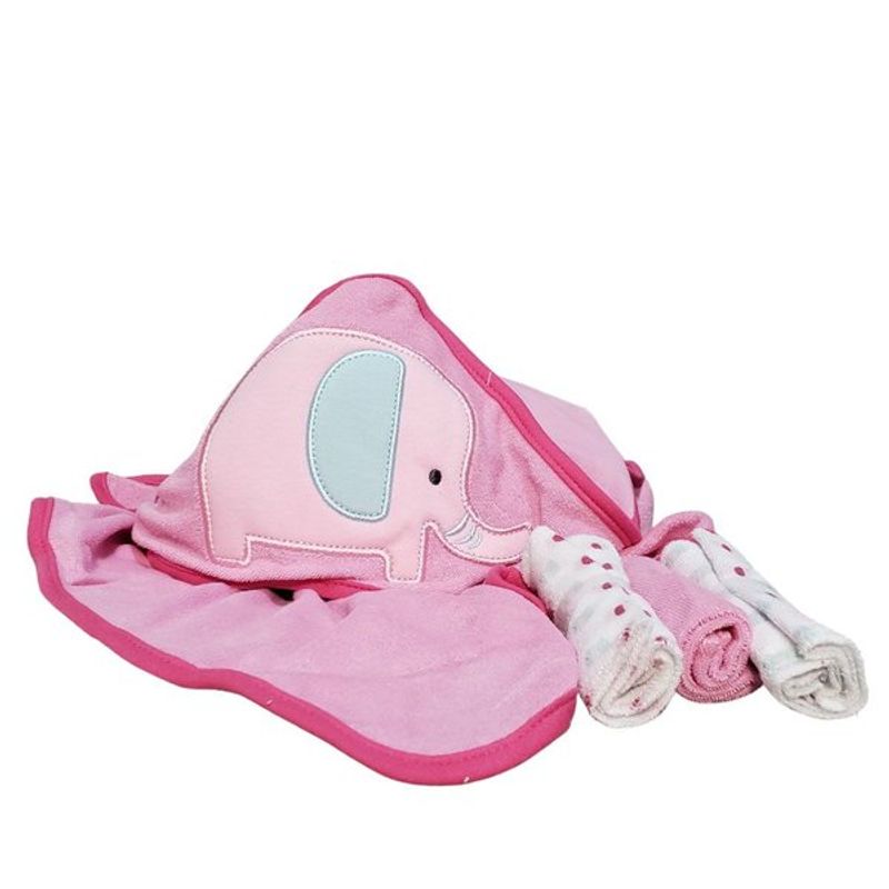 Kit Toalha com Capuz e Toalha de Boca Elefante Rosa 66x16cm e 23cm com 4 Peças