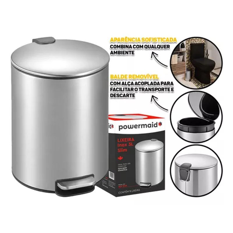Lixeira de Aço Inox Slim 3L