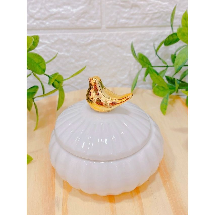 Porta Jóia em Cerâmica Pássaro Dourado 8x7,5cm
