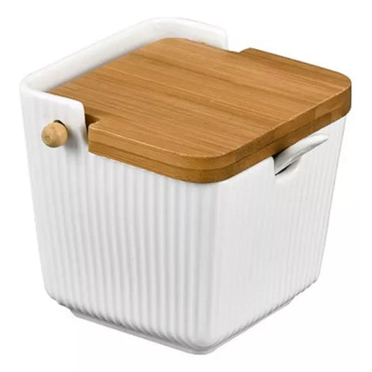Saleiro Oasis Em Ceramica Branco Com Tampa Bambu 300ml
