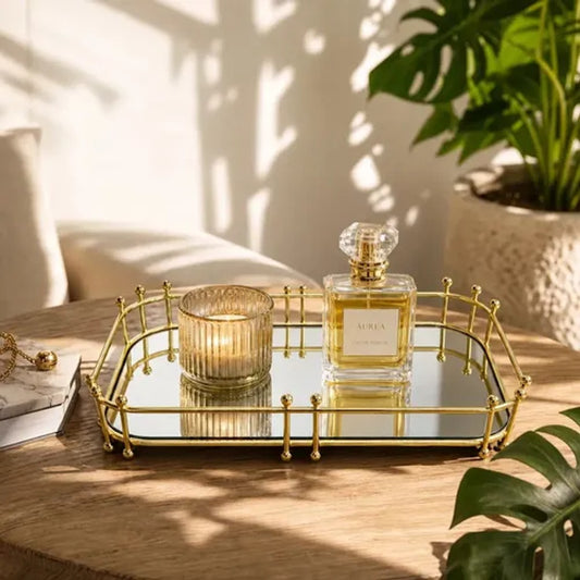 Bandeja Organizadora Dourada Forma Bakar Aço e Vidro 15x25cm