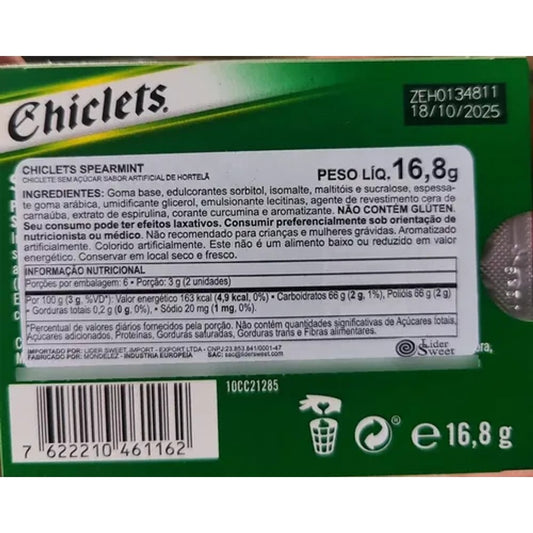 Chiclets Spearmint Sem Açúcar 16,8g Empório Daruma