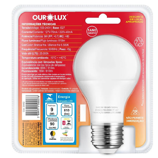 Lâmpada Superled Ourolux 2 em 1 9W E27 6500K Anti Inseto