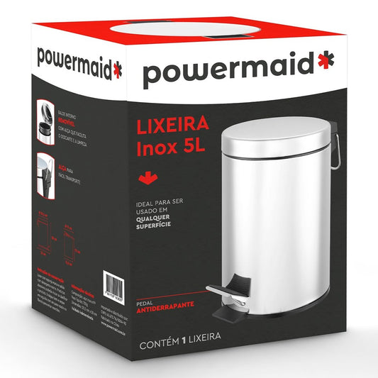 Lixeira Redonda Powermaid 5 Litros Aço Inox com Pedal e Soft Close