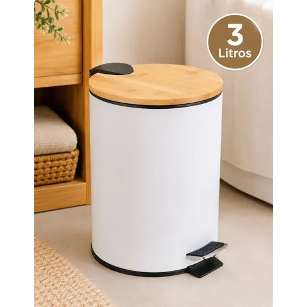 Lixeira com Pedal 3L Mimo Style Branca com Tampa de Bambu