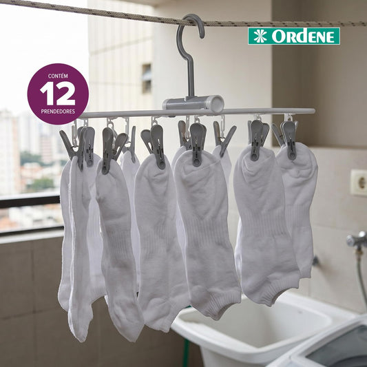 Varal Dobrável com 12 Prendedores Ordene Gancho Giratório