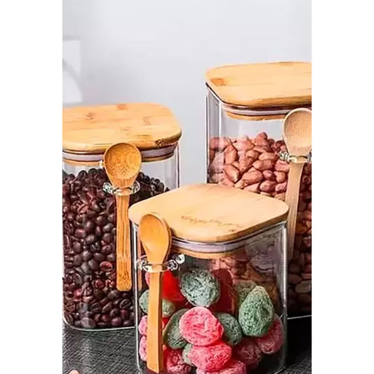 Pote Hermético Quadrado de Vidro Liége com Colher de Bambu 12x10x22cm