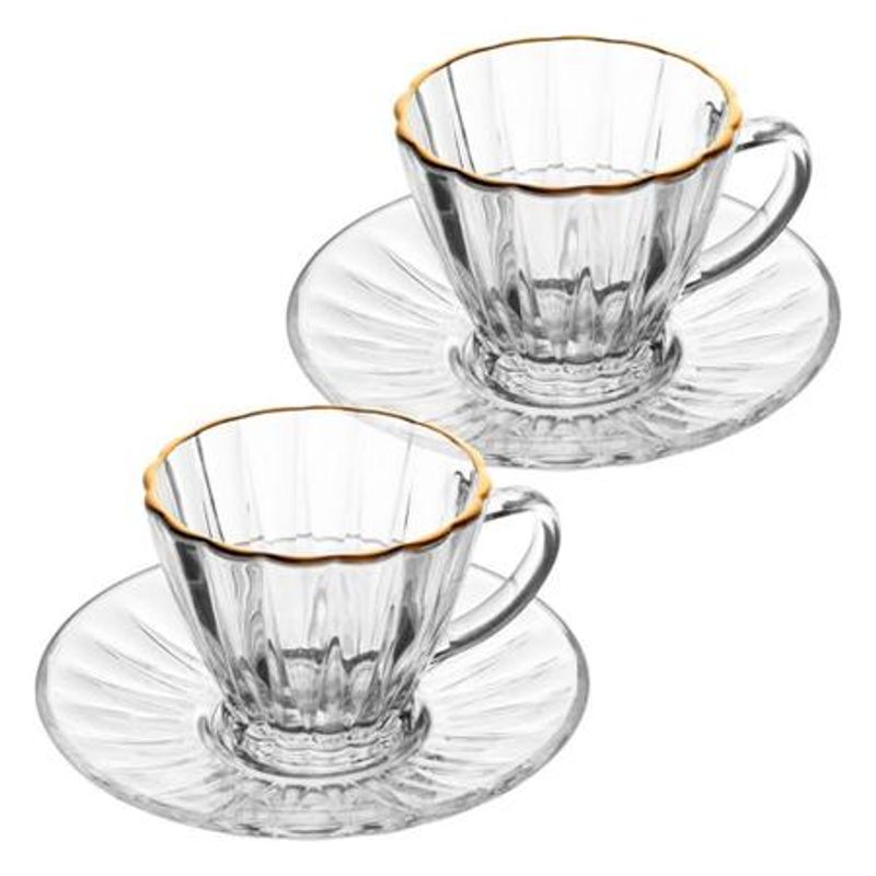 Jogo Com 2 Xicaras E Pires Para Cha De Cristal Com Fio De Ouro 180ml Lyor