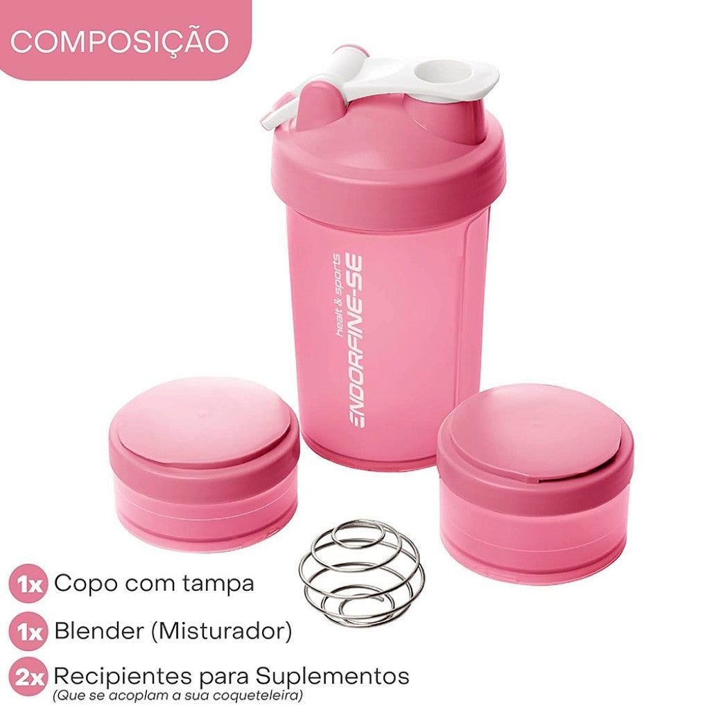 Garrafa Shaker 3 em 1 de Plástico Performance Rosa 650ml Lyor