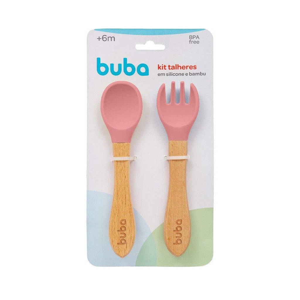 Kit Talheres em Silicone e Bambu Rosa