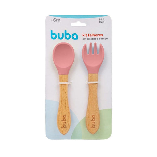 Kit Talheres em Silicone e Bambu Rosa