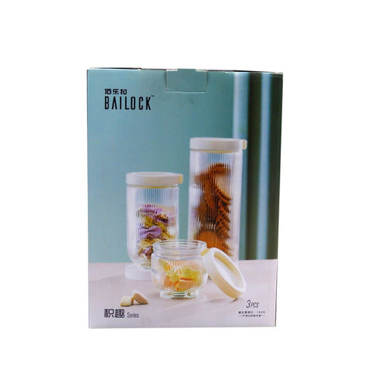 Conjunto com 3 Potes de Vidro Canelado Branco 450ml a 1400ml Bailock