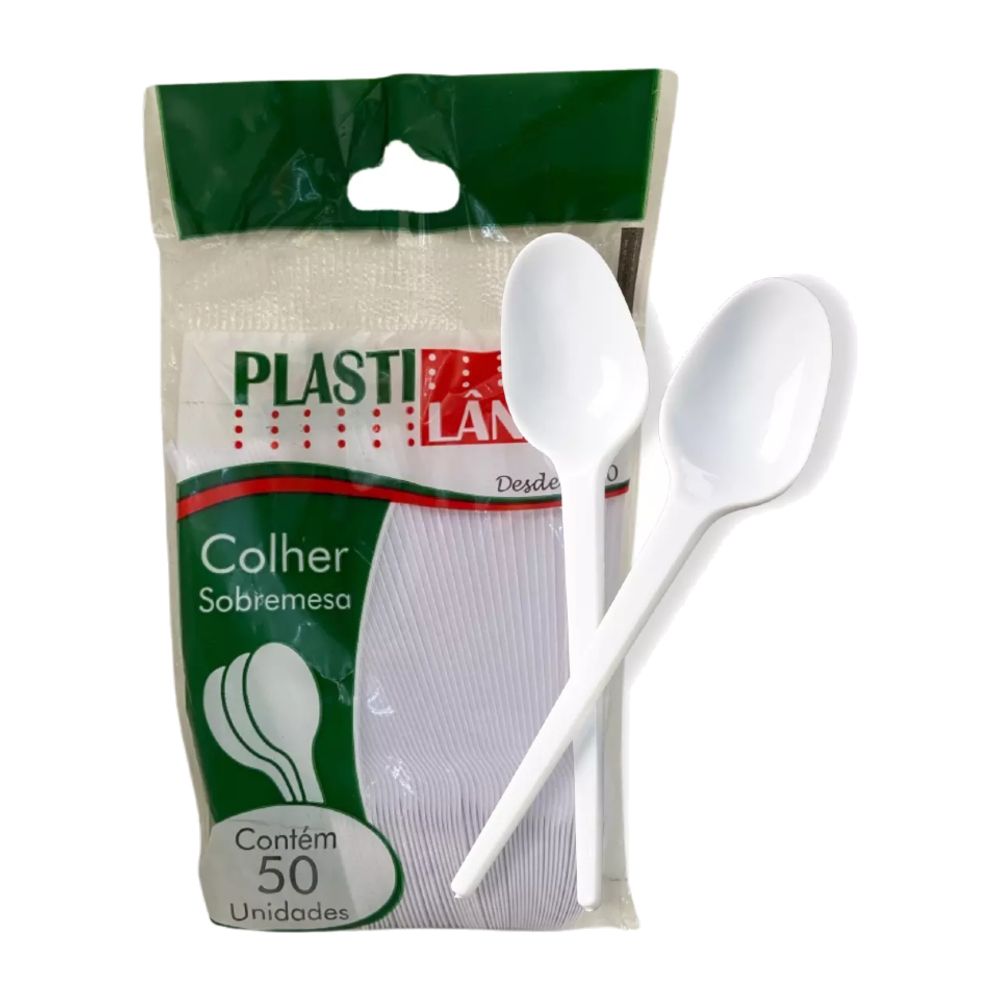 Colher Sobremesa Descartável com 50 Unidades Plastilânia