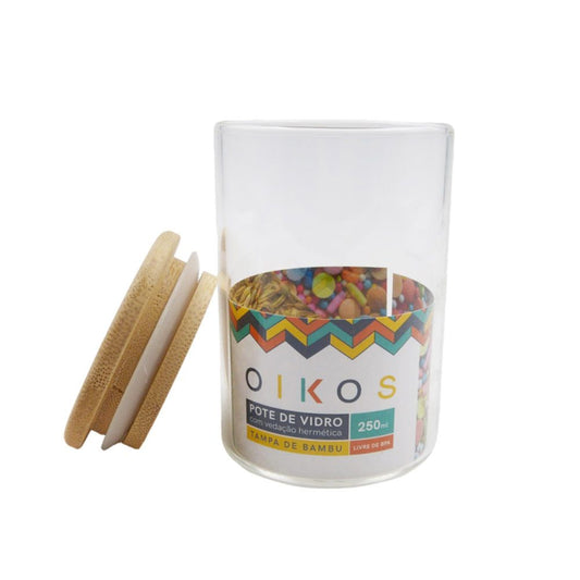 Pote de Vidro com Tampa de Bambu Circular Mantimento 250ml