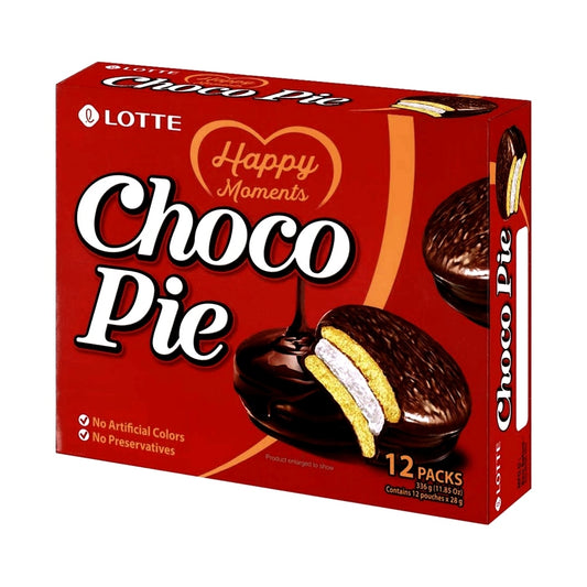 Alfajor Choco Pie 336g Lotte: embalagem com 12 pacotes, chocolate com marshmallow cremoso