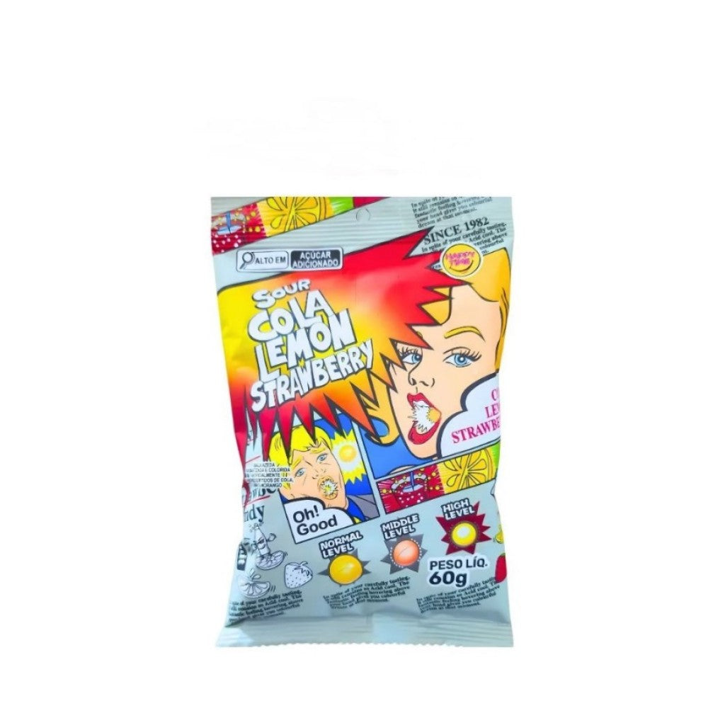 Bala Azeda Sour Strawberry Cola Limão 60g Happy Time