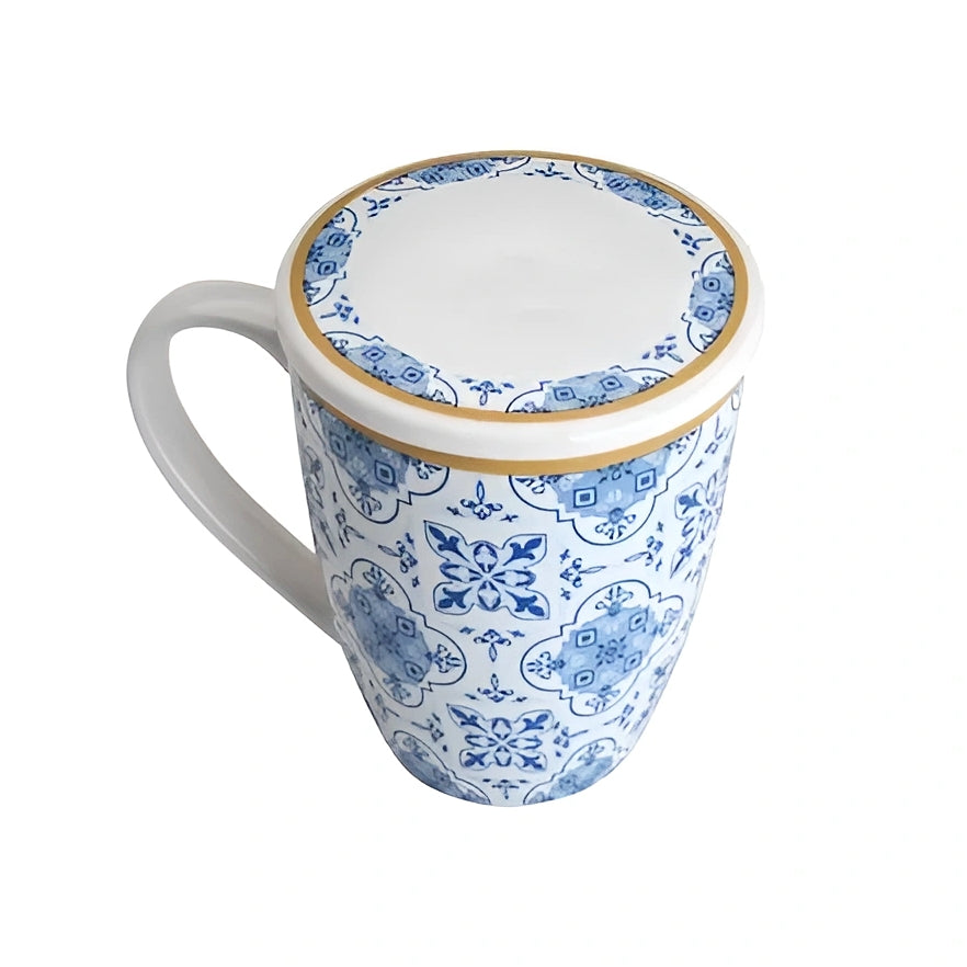 Caneca de Porcelana com Tampa e Filtro Super White Azul/branca Lisboa 310ml