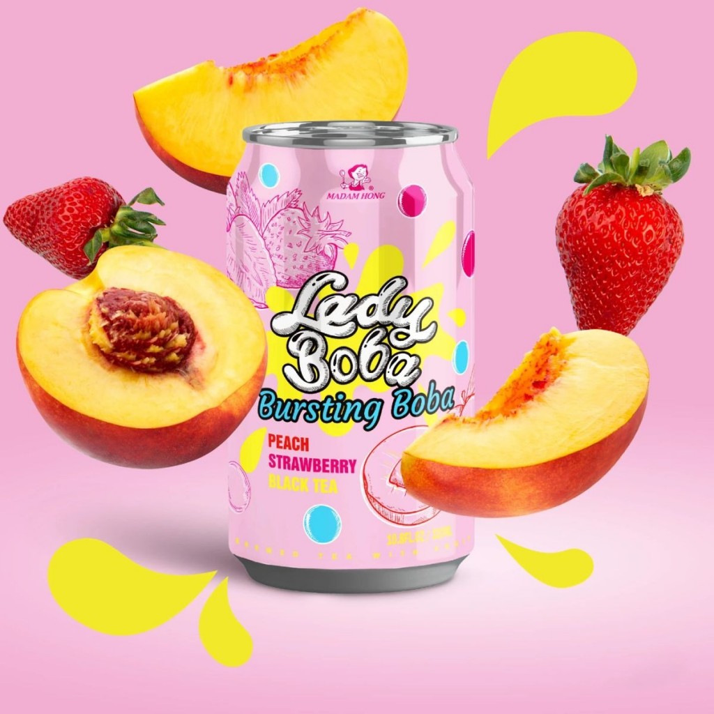 Chá Preto Sabor Pêssego e Morango com Bolinha de Tapioca Bubble Tea 320ml Madam Hong